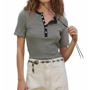 NEW THE GREAT. henley short sleeve shirt in black & cream stripe